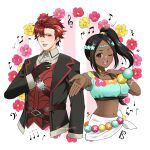  1boy 1girl black_hair blush brown_eyes circlet crop_top dark-skinned_female dark_skin diamant_(fire_emblem) fire_emblem fire_emblem_engage gloves gold_trim hair_ornament highres jewelry medium_hair midori_no_baku navel necklace official_alternate_costume ponytail red_eyes red_hair short_hair simple_background sparkling_eyes timerra_(fire_emblem) 