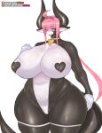  ahoge anthro big_breasts big_tail black_body black_horn black_pasties blue_eyes blush breasts camel_toe clothing collar curvy_figure dragon elizabeth_(girlsay) eyelashes female girlsay hair half-closed_eyes heart_pasties hi_res horn huge_breasts leotard long_hair looking_at_viewer narrowed_eyes navel nipple_outline pasties pink_hair portrait sidelocks simple_background smile solo standing tail thick_thighs three-quarter_portrait voluptuous white_background white_body white_clothing white_leotard wide_hips 