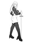  1girl 2b_(nier:automata) 2b_(nier:automata)_(cosplay) ass blue_eyes boots braid breasts cosplay final_fantasy final_fantasy_xiv from_side greyscale high_heel_boots high_heels holding holding_sword holding_weapon jamjamstyle large_breasts long_hair looking_at_viewer monochrome single_braid smile solo spot_color sword thighhighs thighhighs_under_boots venat_(ff14) weapon white_background 