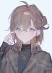  1boy absurdres ahoge blue_eyes brown_hair coat ear_piercing eyewear_strap glasses grey_coat highres kanae_(nijisanji) male_focus merochi_(jrwn5423) nijisanji piercing plaid_coat round_eyewear solo turtleneck virtual_youtuber 