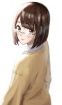  1girl blurry bob_cut brown_eyes brown_hair cardigan commentary_request ebata_kyouhei from_side glasses highres looking_at_viewer real_life rimless_eyewear smile solo upper_body yellow_cardigan 