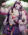  5_fingers abs anthro areola biceps biped blissade bulge canid canine claws clothed clothing countershade_arms countershade_face countershade_fur countershade_tail countershade_torso countershading eyebrows fingers fur hi_res inner_ear_fluff male mammal muscular muscular_anthro muscular_male nipples pawpads pecs pink_body pink_fur plant solo tail tree tuft 