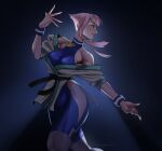  1girl absurdres bare_shoulders blue_eyes dougi erzomori highres hime_cut hip_vent manon_(street_fighter) martial_arts_belt off_shoulder pink_hair solo spandex street_fighter street_fighter_6 toned wristband 