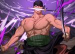  1boy abs aura bandana bara clothes_down cowboy_shot fighting_stance green_hair hd189733b highres holding holding_sword holding_weapon japanese_clothes katana kimono large_pectorals long_sideburns male_focus mouth_hold muscular muscular_male night night_sky nipples one_eye_covered one_piece open_clothes open_kimono pectorals roronoa_zoro short_hair sideburns sky solo stomach sword topless_male triple_wielding weapon 