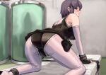  1girl ass bare_shoulders black_leotard bodysuit breasts brown_eyes chicken_(chickenx) elbow_gloves gloves highres large_breasts leotard looking_at_viewer original purple_hair restrained short_hair skin_tight solo 