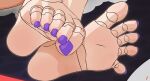  1girl absurdres artist_logo barefoot close-up commentary doll_joints english_commentary feet feet_only foot_focus herta_(honkai:_star_rail) highres honkai:_star_rail honkai_(series) joints mohoshadream motion_lines nail_polish out_of_frame purple_nails soles solo spread_toes toe_scrunch toenail_polish toenails toes 