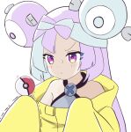  1girl balancing blush bow-shaped_hair character_hair_ornament closed_mouth commentary_request concentrating green_hair grey_shirt hair_ornament iono_(pokemon) jacket multicolored_hair pink_hair plume_pardge poke_ball poke_ball_(basic) pokemon pokemon_(game) pokemon_sv purple_eyes shirt simple_background sleeveless sleeveless_shirt solo sweat two-tone_hair upper_body white_background yellow_jacket 