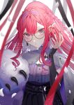  1girl baobhan_sith_(fate) baobhan_sith_(swimsuit_pretender)_(fate) baobhan_sith_(swimsuit_pretender)_(second_ascension)_(fate) black_nails blush braid capelet ear_piercing earrings fate/grand_order fate_(series) glasses grey_capelet grey_eyes hand_up highres ichimichi_111 jewelry long_hair long_sleeves looking_at_viewer nail_polish piercing pink_hair pointy_ears round_eyewear sidelocks signature solo twitter_username upper_body 