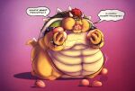  2023 anthro armband basicbiscuit belly big_belly bowser bracelet cheek_bulge claws collar dialogue fangs food fruit hair hi_res holding_food holding_fruit holding_object horn jewelry kneeling koopa male mario_bros muffled_speech navel nintendo nude obese obese_anthro obese_male overweight overweight_anthro overweight_male peach_(fruit) plant red_hair scalie shell signature solo speech_bubble spiked_armband spiked_bracelet spiked_collar spiked_shell spiked_tail spikes spikes_(anatomy) stuffed_mouth teeth text the_super_mario_bros_movie 