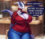  absurd_res anthro big_breasts blue_body breasts cleavage clothed clothing dialogue english_text female generation_2_pokemon hi_res huge_breasts legendary_pokemon lugia mature_female nintendo pokemon pokemon_(species) sweater text thyhsilverfeet topwear white_body 