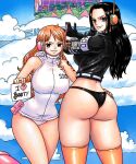  2girls arm_tattoo artist_name ass ass_focus black_eyes black_hair breasts cloud floating_city from_behind gloves hand_on_another&#039;s_hip headphones holding holding_paper iury_padilha large_breasts long_hair looking_at_viewer looking_back midriff multiple_girls nami_(one_piece) narrow_waist nico_robin one_piece orange_eyes orange_hair paper sleeveless smile tattoo thighhighs wide_hips 