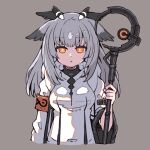  1girl :o arknights armband bangs breasts coat es_(eisis) feather_hair grey_background grey_hair highres holding holding_staff long_hair looking_at_viewer medium_breasts orange_eyes owl_girl parted_lips ptilopsis_(arknights) simple_background solo staff upper_body wide_sleeves 
