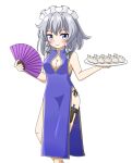  1girl alternate_costume bare_legs bare_shoulders blue_dress blue_eyes blush border bow braid breasts china_dress chinese_clothes cleavage_cutout clothing_cutout commentary_request dress dumpling food green_bow grey_hair hand_fan hands_up highres holding holding_fan holding_plate izayoi_sakuya knife lips looking_at_viewer maid_headdress medium_breasts paper_fan plate sideboob solo standing thigh_strap throwing_knife touhou twin_braids underwear weapon yellow_border zenji029 