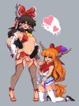  2girls ascot black_hair bow breasts brown_eyes cleavage commentary_request cum detached_sleeves full_body futanari grey_background hair_bow hair_tubes hakurei_reimu heart heart-shaped_pupils horn_ornament horn_ribbon horns ibuki_suika kneeling long_hair medium_breasts multiple_girls namako_(takorin) navel neckerchief orange_eyes orange_hair penis purple_ribbon red_bow red_neckerchief ribbon ribbon-trimmed_sleeves ribbon_trim sidelocks simple_background symbol-shaped_pupils testicles thighhighs touhou white_thighhighs yellow_ascot 