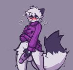  anthro arctic_fox blush bodily_fluids bottomless breath canid canine clothed clothing dust_(mewgle) fluffy fluffy_tail fox fur genital_fluids genitals holding_penis mammal mewgle multicolored_body multicolored_fur penis precum solo tail topwear topwear_only two_tone_body two_tone_fur 