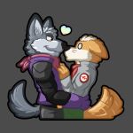  &lt;3 absurd_res animal_humanoid anthro bandanna belt belt_buckle bottomwear canid canid_humanoid canine canine_humanoid canis cel_shading clothing confident denim denim_clothing duo ears_down ears_up embrace fangs fox fox_humanoid fox_mccloud fur gloves grey_body grey_fur hair hand_on_chest handwear hi_res hug humanoid jacket jeans kerchief logo_on_topwear luhrak male male/male mammal mammal_humanoid nervous nintendo noses_touching orange_body orange_fur outline pants pivoted_ears shaded smile smirk smug star_fox suprised_look surprise surprised_face tail tail_motion tailwag teeth topwear waist_grab white_body white_eyes white_fur white_hair wolf wolf_humanoid wolf_o&#039;donnell 