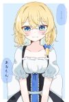  1girl back_bow blonde_hair blue_background blue_bow blue_eyes blush border bow braid cleavage_cutout clothing_cutout commentary_request frown hair_bow kirisame_marisa puffy_short_sleeves puffy_sleeves short_sleeves simple_background single_braid solo touhou translation_request underbust v_arms wavy_hair white_border yamutarou 