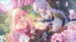  2girls alternate_hairstyle bare_shoulders black_sleeves blue_eyes braid breasts cleavage couple cup day english_commentary falling_petals flower food grass greenapple hair_down highres holding holding_food honkai_(series) honkai_impact_3rd implied_yuri japanese_clothes kallen_kaslana long_hair looking_at_food multiple_girls open_mouth outdoors petals pink_flower pink_hair ponytail purple_eyes second-party_source sitting sky table teacup teapot tree white_flower white_hair white_sleeves yae_sakura 