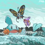  ^_^ alternate_color animal_focus aqua_eyes beautifly closed_eyes commentary_request jumping leaf looking_up mudkip no_humans open_mouth outdoors oyasuminjyutsu partially_underwater_shot pokemon pokemon_(creature) shiny_pokemon swimming tongue water 