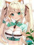  1girl :3 :p absurdres animal_ear_fluff animal_ears artist_name blonde_hair blush breasts brown_ribbon cat_ears cat_girl cleavage closed_mouth green_eyes hair_ornament hair_ribbon highres long_hair looking_at_viewer medium_breasts original ribbon solo tongue tongue_out twintails upper_body wrist_cuffs x_hair_ornament 