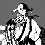  1boy ^_^ ashiya_douman_(fate) asymmetrical_hair bell black_eyes black_hair closed_eyes curly_hair fate/grand_order fate_(series) greyscale hair_bell hair_between_eyes hair_intakes hair_ornament happy highres japanese_clothes kimono long_hair male_focus monochrome multicolored_hair ribbed_sleeves smile solo syabbal-i two-tone_hair underpec upper_body very_long_hair white_hair 