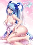  1girl alternate_costume aqua_(konosuba) arm_support ass bare_arms blue_flower blue_hair blue_rose blush bow breasts bridal_veil camisole choker cleavage closed_mouth commentary_request commission double-parted_bangs eyelashes eyes_visible_through_hair flower foot_out_of_frame footwear_bow frilled_camisole frilled_choker frills hair_between_eyes hair_flower hair_ornament hair_spread_out halterneck hand_on_own_thigh head_tilt high_heels jewelry kono_subarashii_sekai_ni_shukufuku_wo! large_breasts legs lips long_hair looking_at_viewer pink_background ring rose shiny_skin sideboob sidelocks signature simple_background sitting skeb_commission smile solo thighs veil very_long_hair wedding_ring white_camisole white_choker white_footwear yokozuwari zen_(kamuro) 