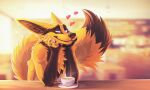  &lt;3 2023 anthro arm_support arm_tuft beverage big_ears black_inner_ear_fluff black_markings black_nose black_tail blue_eyes blurred_background canid ceylis cheek_tuft chest_tuft claws closed_smile coffee container cup digital_media_(artwork) dipstick_tail elbow_tuft facial_tuft fangs finger_claws fur glistening glistening_eyes gloves_(marking) hi_res inner_ear_fluff inside leaning_on_elbow male mammal markings mouth_closed narrowed_eyes pupils slit_pupils smile solo steam tail tail_markings teeth tuft white_claws yellow_body yellow_ears yellow_fur yellow_tail yookie 