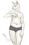  2021 anthro blonde_hair briefs briefs_only bulge cettus clothed clothing domestic_cat felid feline felis fur hair hairless hairless_cat hakon_brandvold male mammal nipples peterbald pose simple_background solo standing topless underwear underwear_only white_background white_body white_fur 