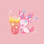  :3 animal_focus blue_eyes bow bowtie cheek_press closed_mouth commentary cup drink drinking_glass food food_focus fruit hair_bow hand_up happy kinakomochi_(monsteromochi) lemon lemon_slice no_humans one_eye_closed pink_background pink_bow pink_bowtie pink_theme pokemon pokemon_(creature) ribbon simple_background smile solo sparkle star_(symbol) sylveon white_ribbon 