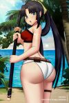  1girl alternate_costume asian ass ass_focus asymmetrical_hair asymmetrical_legwear back bare_legs bare_shoulders beach belt bikini black_hair blue_eyes blue_sky blush breasts cloud cloudy_sky cowboy_shot curvy day fate/grand_order fate_(series) from_behind hair_ornament highres holding holding_weapon hot katana legs long_hair looking_at_viewer looking_back looking_down medium_breasts ocean open_mouth outdoors palm_leaf palm_tree parted_bangs ponytail public_indecency red_bikini sand shiny_skin side_ponytail sidelocks sky solo standing sunlight sweat swimsuit sword thigh_focus thigh_strap thighlet thighs tree twitter_username ushiwakamaru_(fate) ushiwakamaru_(swimsuit_assassin)_(fate) water weapon white_bikini white_swimsuit xkzan 