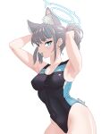  1girl animal_ear_fluff animal_ears armpits black_one-piece_swimsuit blue_archive blue_eyes breasts competition_swimsuit covered_navel cowboy_shot cross_hair_ornament dyctalopia extra_ears grey_hair hair_ornament halo highres holding holding_hair low_ponytail medium_breasts medium_hair mismatched_pupils mouth_hold multicolored_clothes multicolored_swimsuit official_alternate_costume one-piece_swimsuit presenting_armpit rubber_band shiroko_(blue_archive) shiroko_(swimsuit)_(blue_archive) simple_background solo swimsuit white_background wolf_ears 