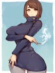  1girl arm_under_breasts between_fingers blue_background blue_coat border breasts brown_eyes brown_hair character_request cigarette coat copyright_request fumio_(rsqkr) highres holding holding_cigarette large_breasts lips looking_at_viewer pantyhose parted_lips short_hair skirt white_border white_pantyhose 