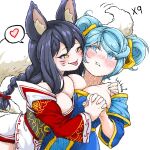  2girls ahri_(league_of_legends) animal_ears bare_shoulders blue_hair blush bow braid breasts commentary_request facial_mark fox_ears hair_bow hatching_(texture) heart holding_hands korea korean_commentary large_breasts league_of_legends light_blue_hair lolboja long_hair low_neckline multiple_girls signature simple_background slit_pupils sona_(league_of_legends) speech_bubble tail tongue tongue_out twintails upper_body whisker_markings white_background yellow_eyes 