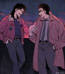  2boys backlighting belt black_belt black_eyes black_hair bomber_jacket brown_coat cigarette cloud coat collared_shirt commentary_request endou_yuuji facial_hair feet_out_of_frame goatee grey_jacket grey_necktie grey_pants grey_shirt hand_in_pocket inudori itou_kaiji jacket kaiji long_hair looking_at_another male_focus medium_bangs multiple_boys necktie open_clothes open_coat open_jacket open_mouth pants parted_bangs patch pink_sky profile shirt short_bangs short_hair sky smile smoke smoking sunglasses sunset teeth upper_teeth_only very_short_hair 