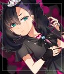  asymmetrical_bangs black_dress black_hair dress earrings fingerless_gloves gloves green_eyes highres jewelry looking_at_viewer marnie_(champion)_(pokemon) marnie_(pokemon) medium_hair official_alternate_costume pokemon pokemon_(game) pokemon_masters_ex red_nails ring tiara twintails yukim_yururi 