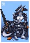  2017 4_toes ammunition anthro black_body black_scales blue_background blue_eyes border cybernetics cyborg feet fin fish glistening glistening_body grey_body grey_scales gun head_fin hi_res jooshy machine male marine multicolored_body multicolored_scales ranged_weapon rifle scales science_fiction shark side_eye simple_background solo tail tail_fin thovapexus toes two_tone_body two_tone_scales weapon white_border 