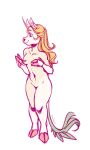  anthro biped blonde_hair breasts dring equid equine female fingers hair hi_res hoof_hands hooved_fingers hooves horn long_hair mammal nude simple_background solo unguligrade unicorn white_background 