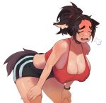  1girl animal_ears black_shorts breasts brown_hair closed_eyes dog_ears dog_girl dog_tail haru_feng highres large_breasts original red_sports_bra shorts sports_bra sportswear sweat tail white_background 