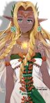  1girl absurdres aqua_eyes armlet arms_at_sides blonde_hair body_markings braid breasts cleavage cowboy_shot dark-skinned_female dark_skin dress earrings floating_hair glowing hair_intakes half-closed_eyes hanabelink highres hylia jewelry long_hair medium_breasts pendant pointy_ears princess_zelda shadow sheikah simple_background smile solo sparkle strapless strapless_dress the_legend_of_zelda the_legend_of_zelda:_tears_of_the_kingdom traditional_clothes twin_braids twitter_username very_long_hair white_background white_dress wind 