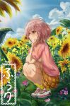  1girl absurdres aged_down arm_support artist_name blue_flower blue_skirt blue_sky child closed_mouth cloud cloudy_sky dress flower full_body fuuri grass hand_on_own_cheek hand_on_own_face highres id_card koe_no_katachi nishimiya_shouko outdoors pink_eyes pink_flower pink_hair pink_shirt plaid plaid_skirt shirt shoes short_hair short_sleeves skirt sky smile sneakers socks solo squatting sundress sunflower sunlight white_footwear yellow_skirt yellow_socks 