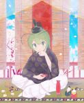  1girl alcohol alternate_costume androgynous antennae bangs black_headwear blush closed_mouth commentary_request cup falling_petals flower full_body green_eyes green_hair hair_between_eyes hanafuda haori hat heian holding holding_cup indian_style jacket japanese_clothes kari_(atsuki_565) kikumon looking_at_viewer pants petals purple_jacket sakazuki sake short_hair sitting smile socks solo tabi tate_eboshi tokkuri touhou white_flower white_pants white_socks wriggle_nightbug 