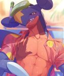  abs ambiguous_gender beach_style_garchomp black_sclera blue_body blush bodily_fluids chair clothed clothing day disembodied_hand dorsal_fin dragon feral fin furniture garchomp generation_4_pokemon hand_on_neck hand_on_pecs hi_res holowear_(pokemon) light looking_at_viewer muscular muscular_ambiguous narrowed_eyes nintendo open_clothing open_mouth open_shirt open_topwear orange_clothing orange_shirt orange_topwear pecs pokemon pokemon_(species) pokemon_unite remmus_d scalie semi-anthro sharp_teeth shirt sky snorkel solo spikes sunlight sweat teeth topwear wing_claws yellow_body yellow_eyes 