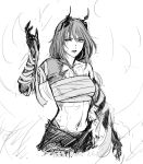  1girl artist_name bandaged_arm bandages bare_shoulders breasts chest_sarashi cm_lynarc commentary dated hand_up horns medium_hair midriff monochrome navel original sarashi signature sketch small_breasts solo stomach strapless tube_top upper_body white_background 