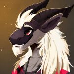  absurd_res anthro black_body black_fur black_horn eyebrows facial_tuft fangs felkin fur grey_body grey_scales hair headshot_portrait hi_res horn jewelry male markings necklace portrait red_eyes red_markings scales smile solo teeth thescraw vulthar_(kiyba) white_eyebrows white_hair 