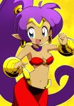  2023 5_fingers blue_eyes breasts cleavage clothed clothing ear_piercing ear_ring female fingers genie hair hi_res humanoid humanoid_pointy_ears long_hair looking_at_viewer n_sakurajyousui navel not_furry open_mouth open_smile piercing ponytail purple_hair ring_piercing shantae shantae_(series) simple_background smile solo wayforward 