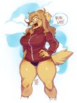  amelia_steelheart angry anthro big_breasts blond_fur blonde_hair breasts canid canine canis clothed clothing dialogue domestic_dog female hair hands_on_hips hi_res looking_at_viewer mammal miistniight simple_background solo teeth text underwear yelling 