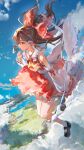  1girl above_clouds absurdres ascot bare_shoulders black_footwear blue_sky bow brown_eyes brown_hair cloud commentary_request detached_sleeves frilled_bow frilled_skirt frills full_body gohei hair_bow hakurei_reimu hand_up highres holding holding_gohei kikinoki long_hair open_mouth outdoors red_bow red_skirt red_vest ribbon-trimmed_sleeves ribbon_trim shoes skirt sky socks solo touhou vest white_socks wide_sleeves yellow_ascot 