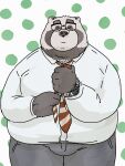  2023 anthro bottomwear canid canine clothing eyewear glasses hi_res humanoid_hands kemono male mammal necktie overweight overweight_male pants pommn_mn raccoon_dog shirt solo tanuki topwear 
