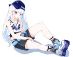  1girl bare_shoulders baseball_cap belt between_legs black_shorts black_tank_top blue_belt blue_hair blue_headwear blunt_bangs breasts garter_straps grey_socks hand_between_legs hat highres little_ecy lize_helesta lize_helesta_(9th_costume) long_hair looking_at_viewer midriff multicolored_hair nijisanji outstretched_legs pink_eyes platform_footwear shirt shorts simple_background sitting small_breasts socks solo streaked_hair tank_top thighs virtual_youtuber white_background white_footwear white_hair white_shirt white_tank_top 