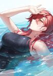  1girl afloat arm_up bare_shoulders blush breasts commentary_request hair_between_eyes large_breasts long_hair looking_up lying maenoo on_back one-piece_swimsuit original partially_submerged red_hair solo swimsuit water wet yellow_eyes 